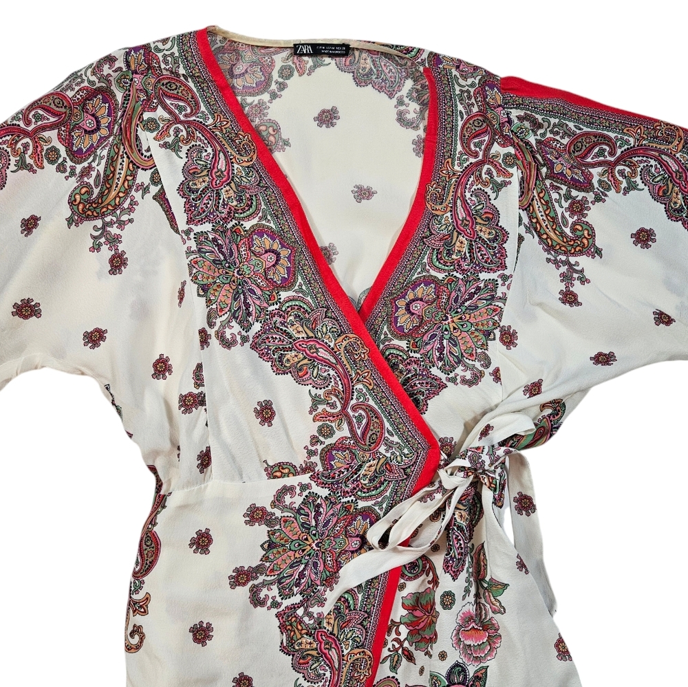 Zara Pink Paisley Floral Print Wrap Mini Dress Sz M Tie Waist Feminine Flirty - Picture 11 of 16